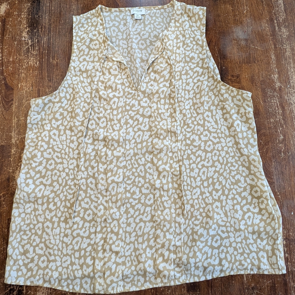 J.Crew Sleeveless Shirt Pleated Tie-neck Leopard Animal Print Tank Top XL Used